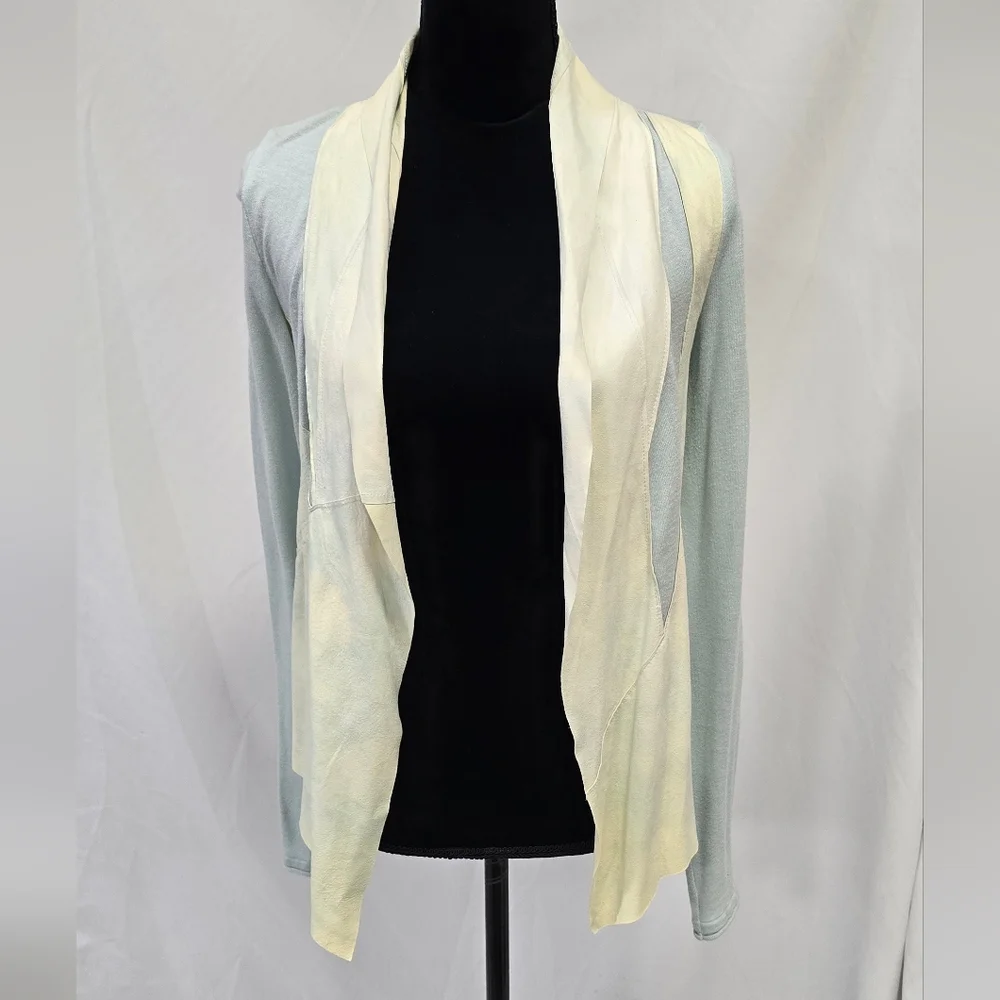 Elie Tahari women XS lamb suede trim knit open cardigan lagenlook boho artsy‎